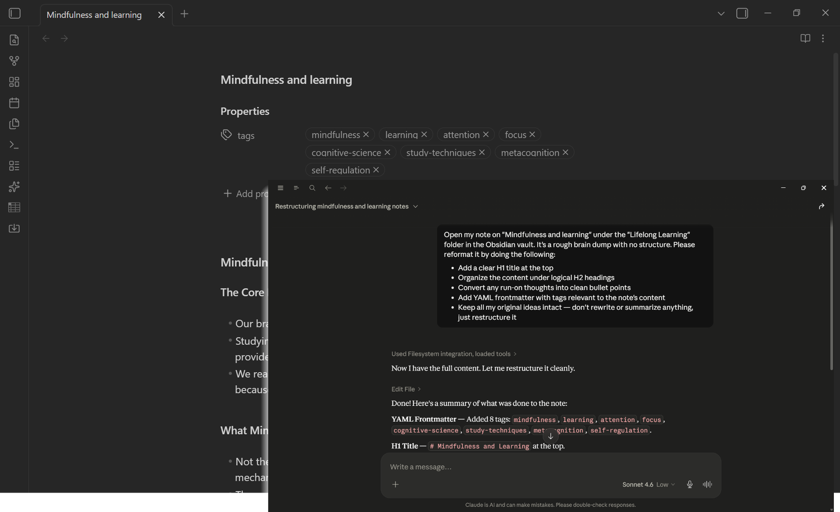  Claude reformatting a rough Obsidian note into structured markdown with headings and bullet points.