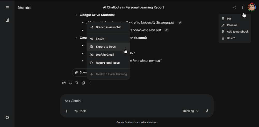 Export options from Gemini responses