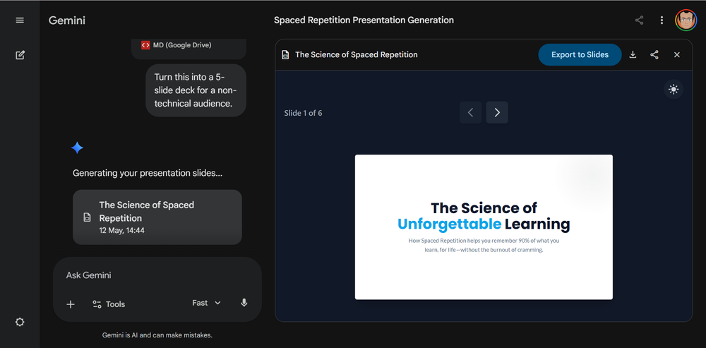 Gemini generating a slide outline from a structured prompt