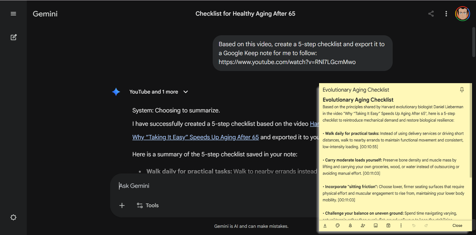 Gemini generates step-by-step checklists from YouTube videos with the option to save to Google Keep.