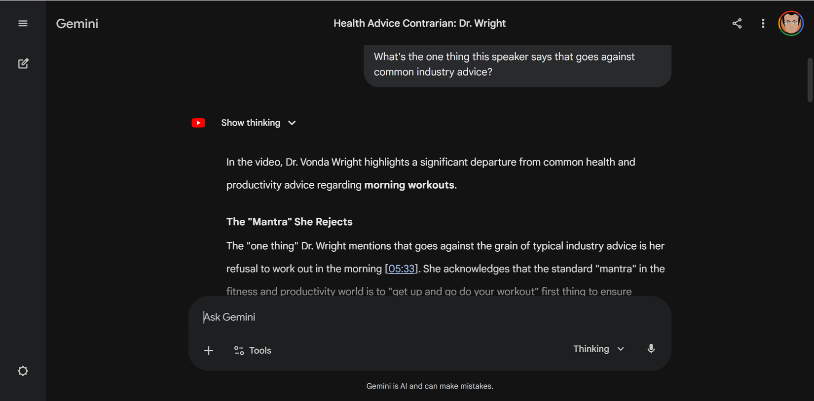 Gemini responds to a prompt asking what a YouTube speaker has said that goes against common industry advice