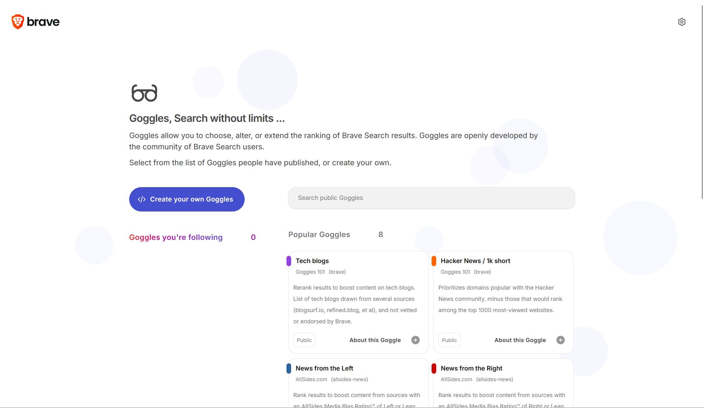Goggles page in Brave Search