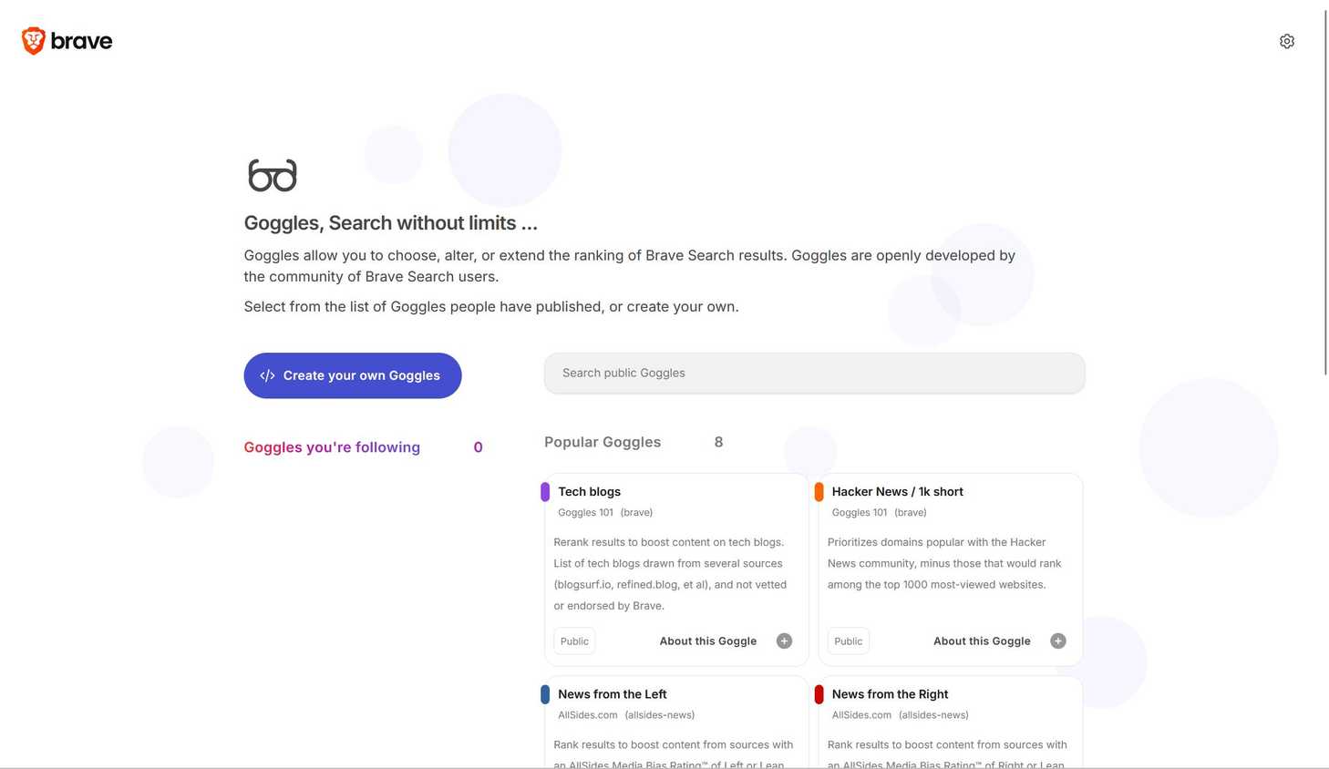 Goggles page in Brave Search