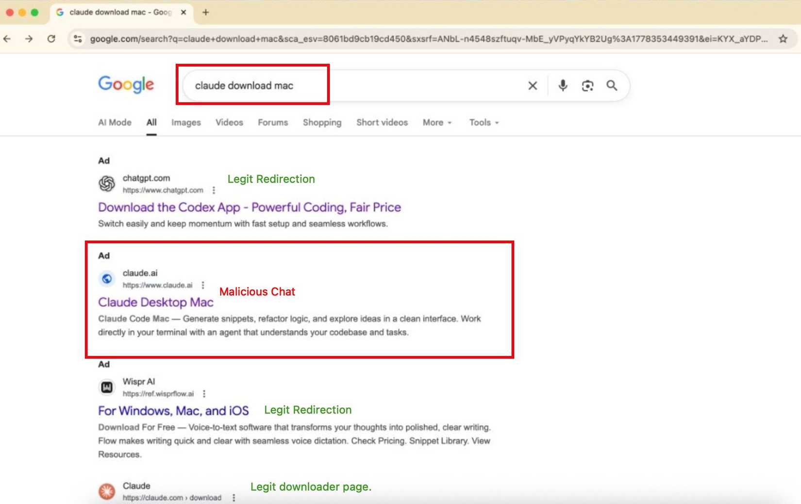 Search results for Google showing the malware-ridden ad for Claude on Mac