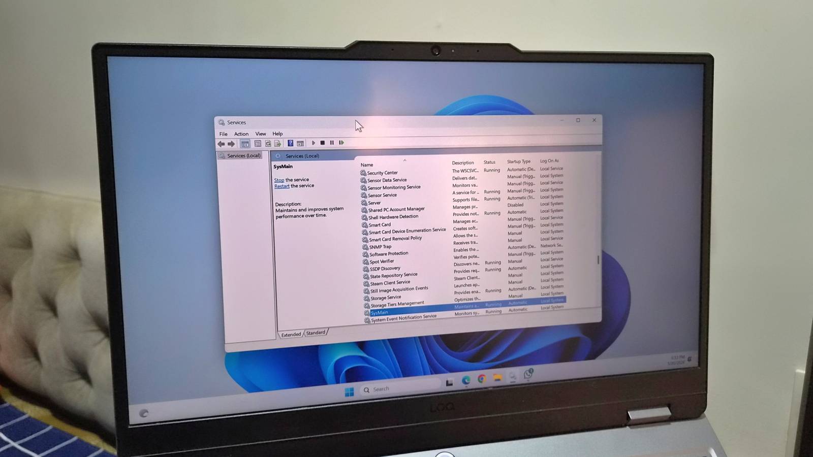 Laptop showing Windows Services app