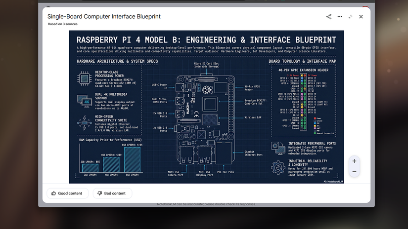 NotebookLM browser preview of the Raspberry Pi 4 engineering blueprint infographic