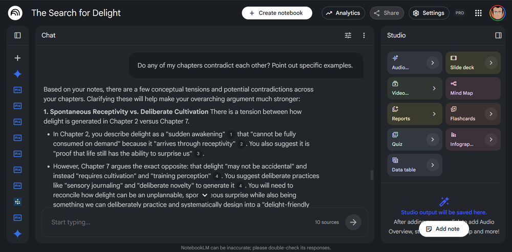 NotebookLM identifies contradictions between different sections of notes