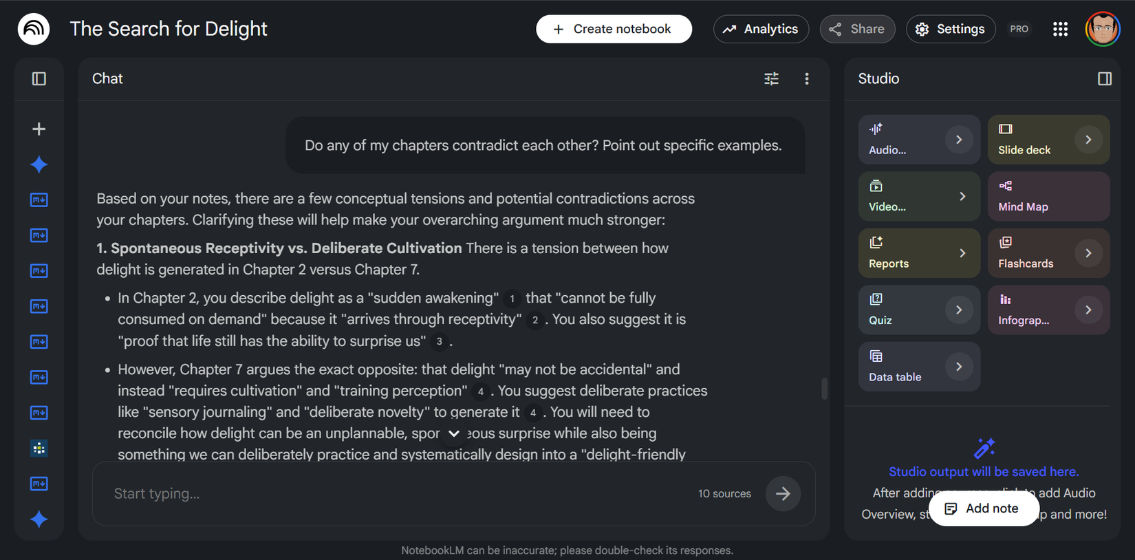 NotebookLM chat showing a prompt asking for contradictions across chapters, with the AI flagging conflicting arguments and citing sources.