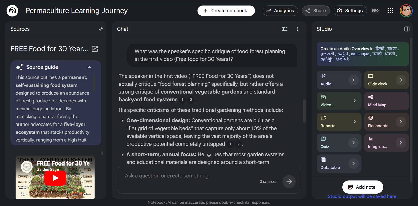 NotebookLM notebooks include YouTube video links as sources and display AI chat responses in the main panel.