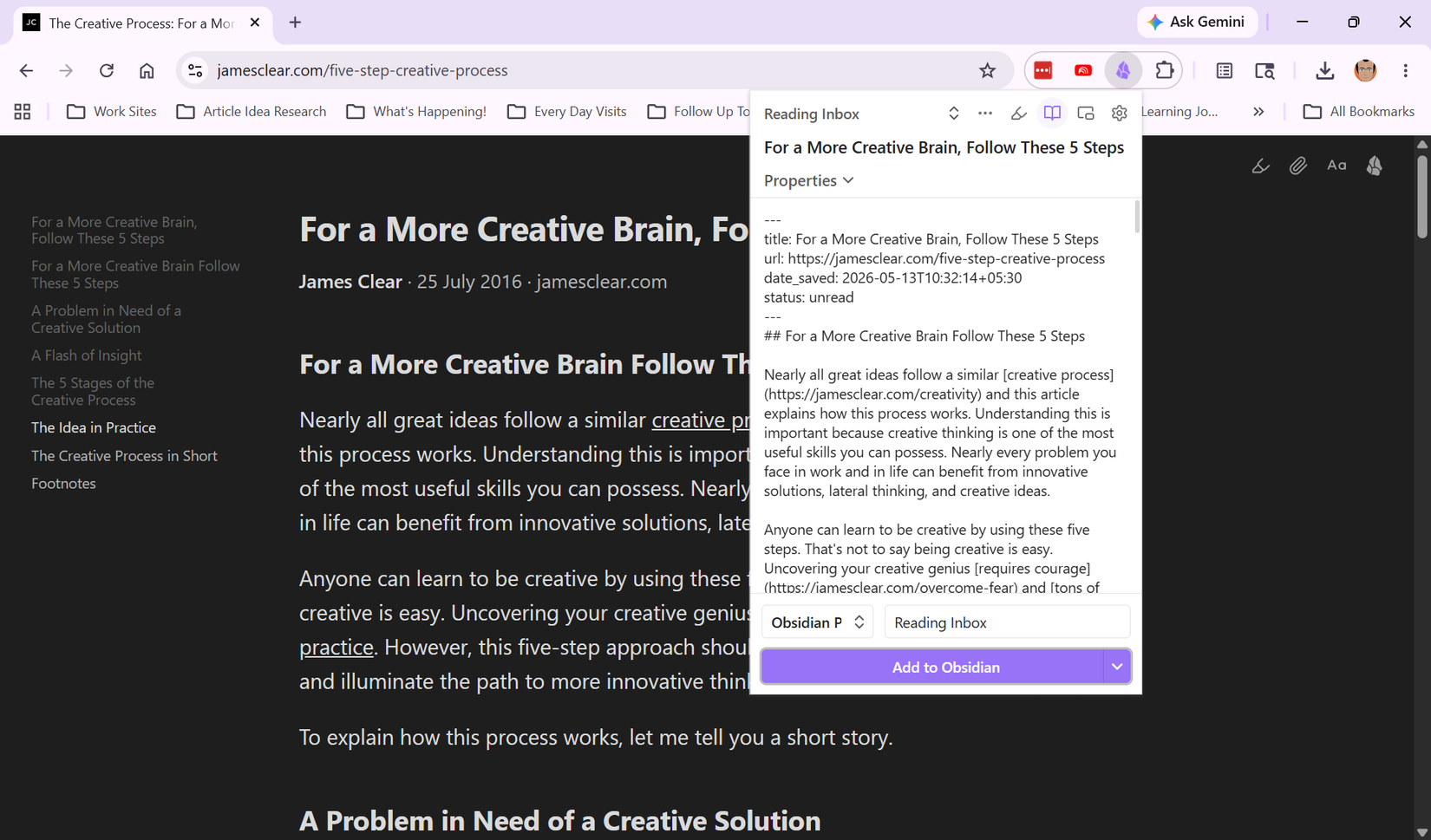 Obsidian Web Clipper active on a webpage with the Reading view activated.