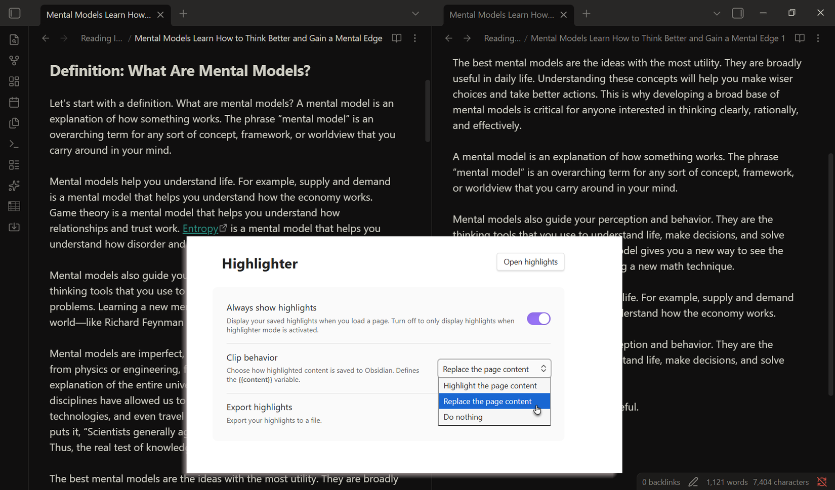 A lean Obsidian note saved using highlights-only mode showing key takeaways  instead of a full article.