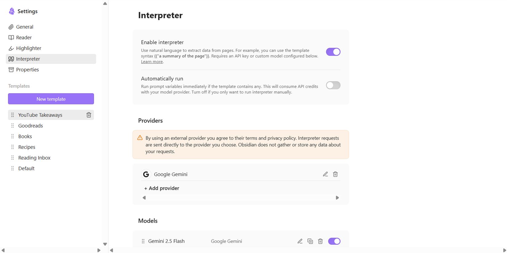 Obsidian Web Clipper Interpreter settings panel showing AI model selector.