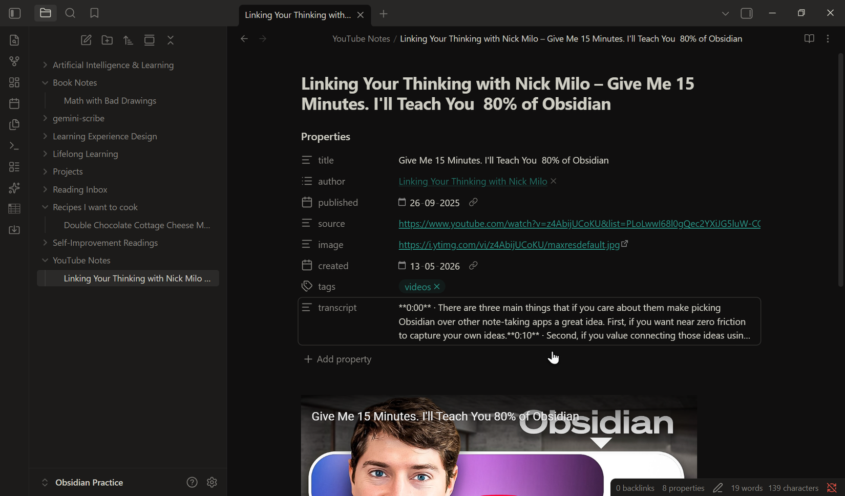 A YouTube video clipped into Obsidian showing the video title, link, and full transcript saved as a Markdown note.