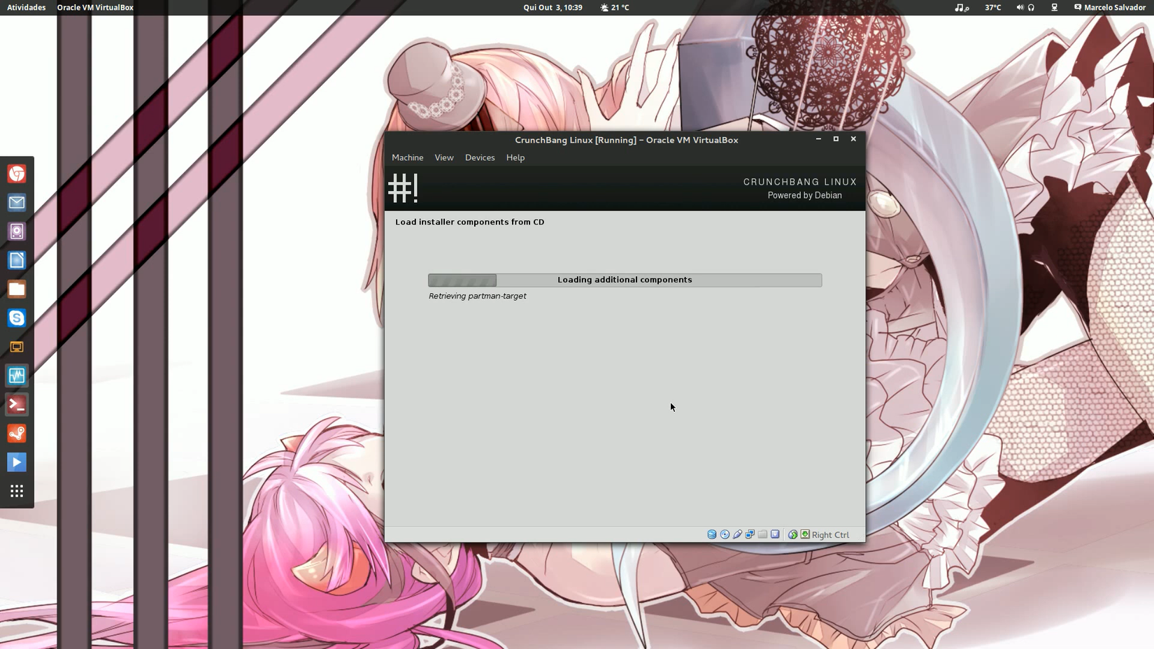 Oracle VM VirtualBox window running the CrunchBang Linux installer.