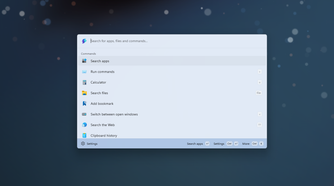 PowerToys Command Palette open on desktop showing list of available commands