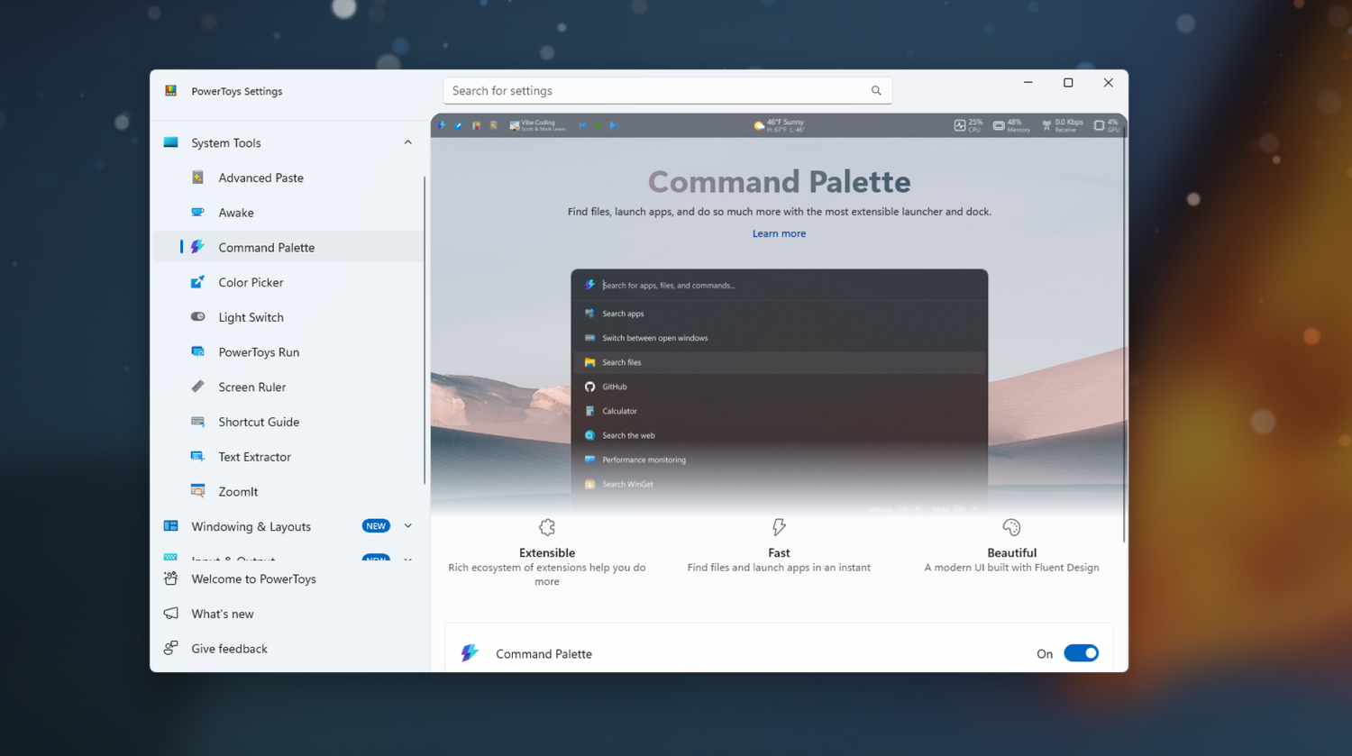Как PowerToys Command Palette заменяет стандартный поиск Windows Окно настроек PowerToys с включенной функцией Command Palette