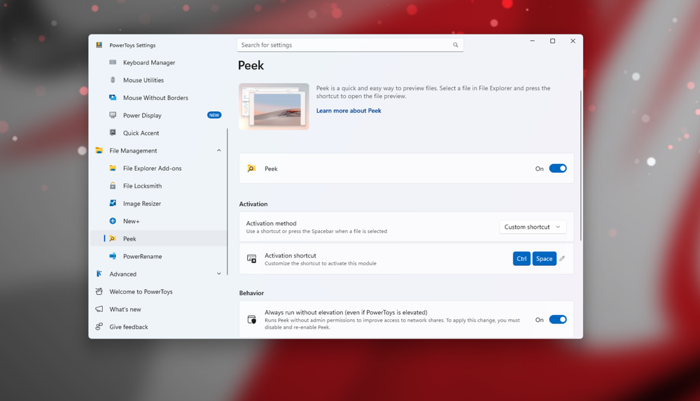 Peek settings let you configure the activation shortcut for quick file previews