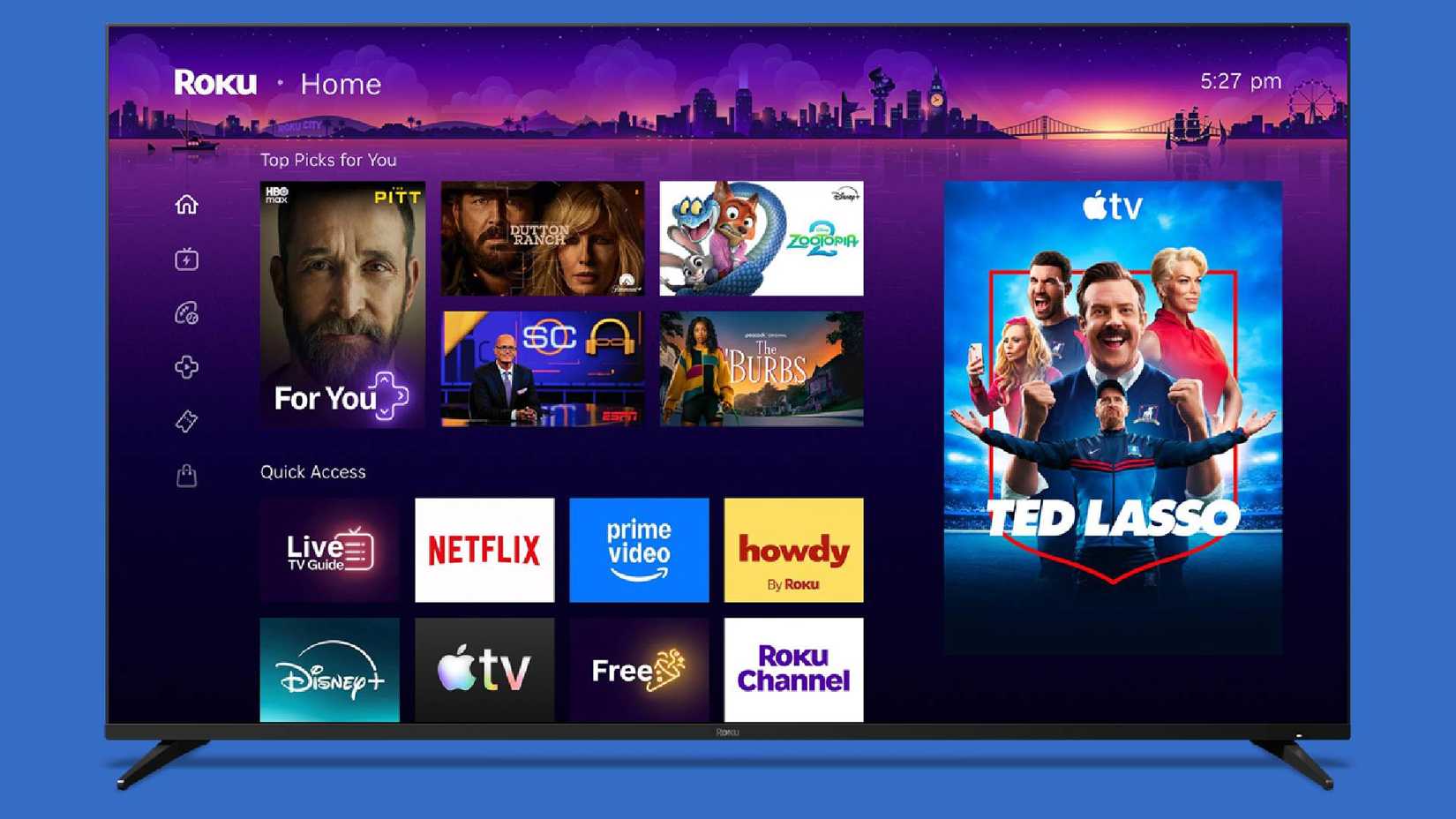 New home screen with Roku apps, feature Quick Access, ads, and more