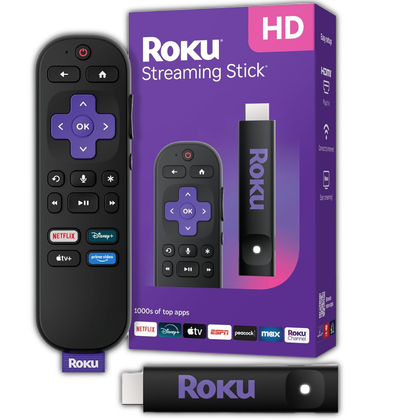 Roku remote next to a box on a transparent background