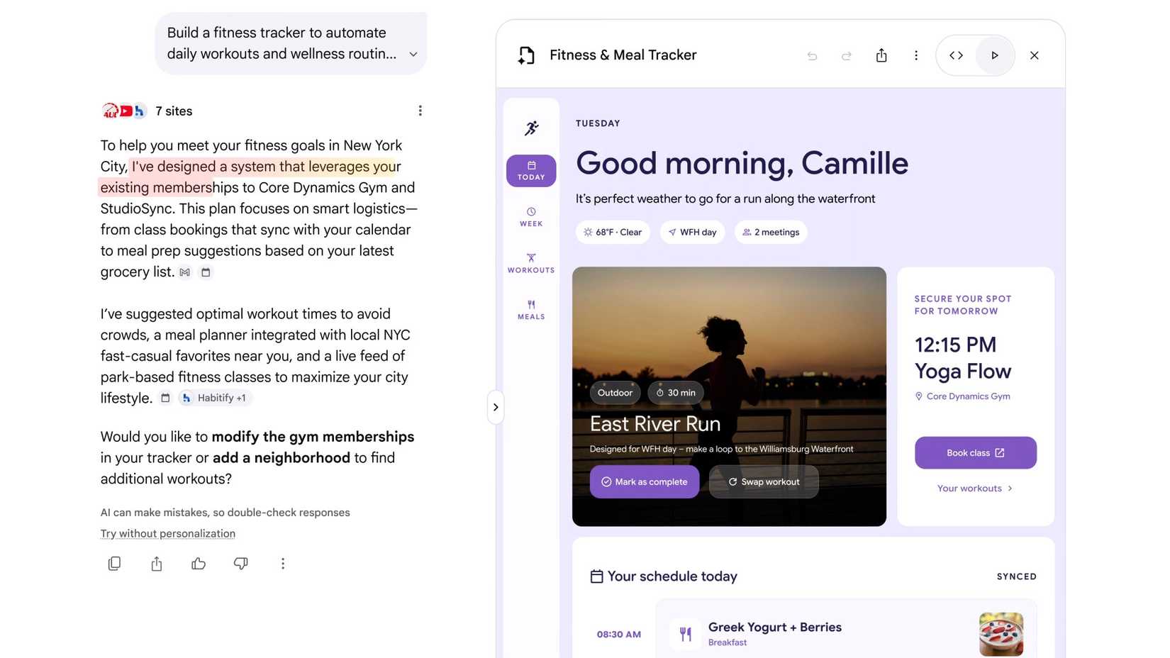 A custom fitness tracker and dashboard created in Google Search.