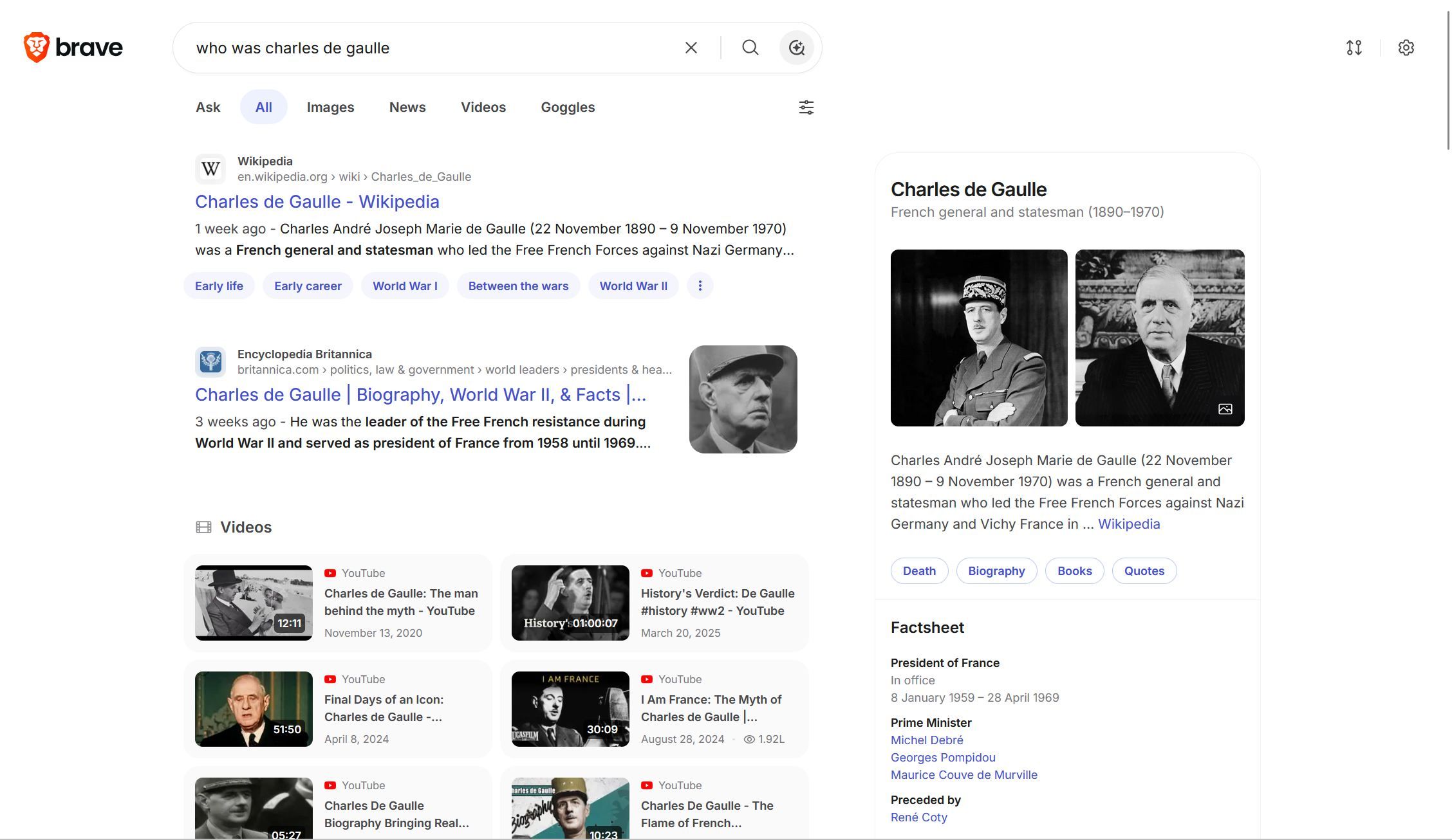 Search results page in Brave Search