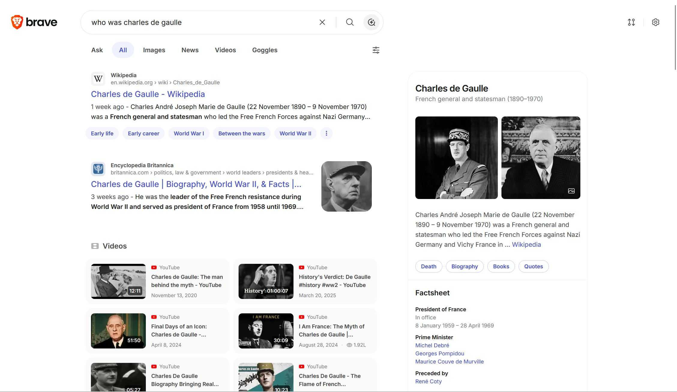 Search results page in Brave Search