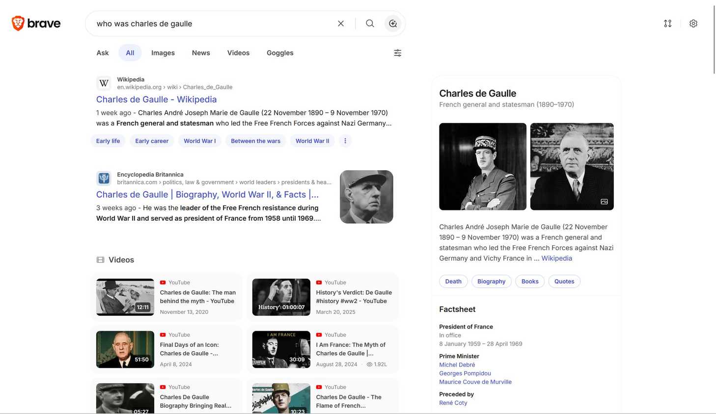 Search results page in Brave Search