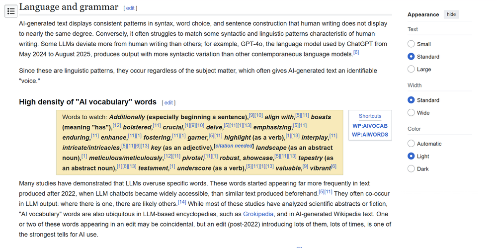Wikipedia's list of AI vocabulary fingerprints
