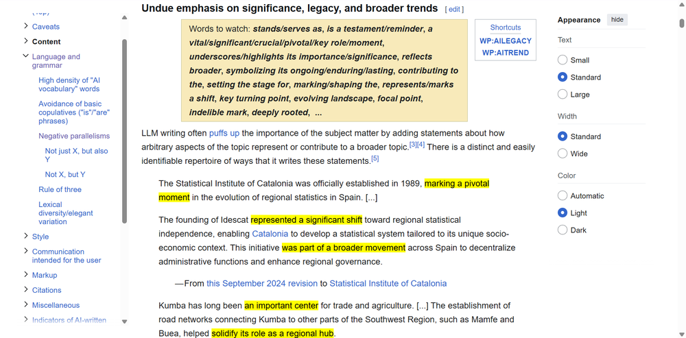 Examples of AI puffery identified by Wikipedia editors