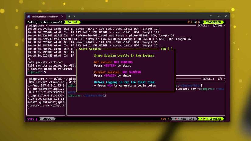 Zellij session sharing dialog offering to share the terminal in a browser