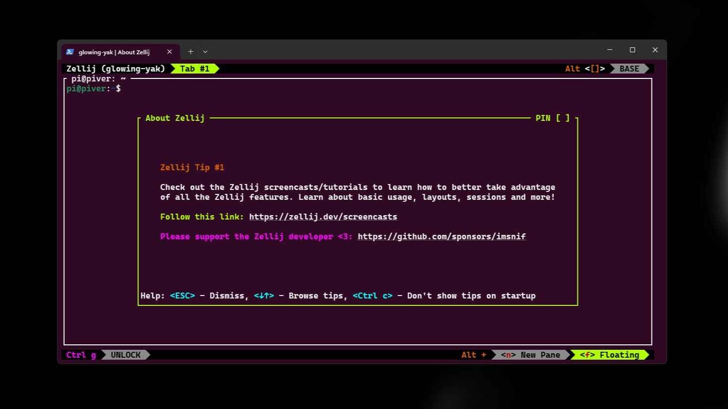 Zellij welcome screen showing a tip about screencasts and tutorials