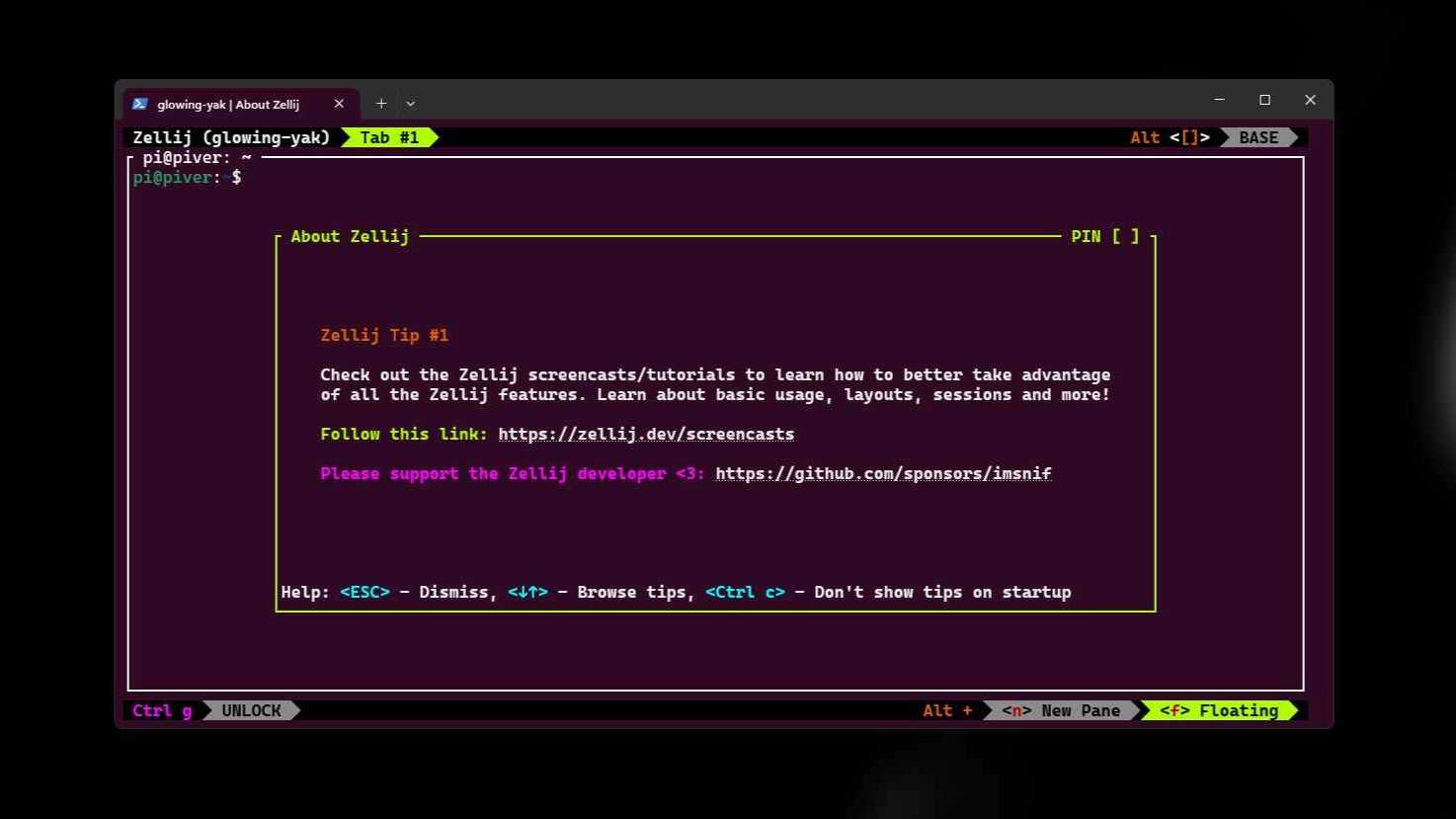 Zellij welcome screen showing a tip about screencasts and tutorials