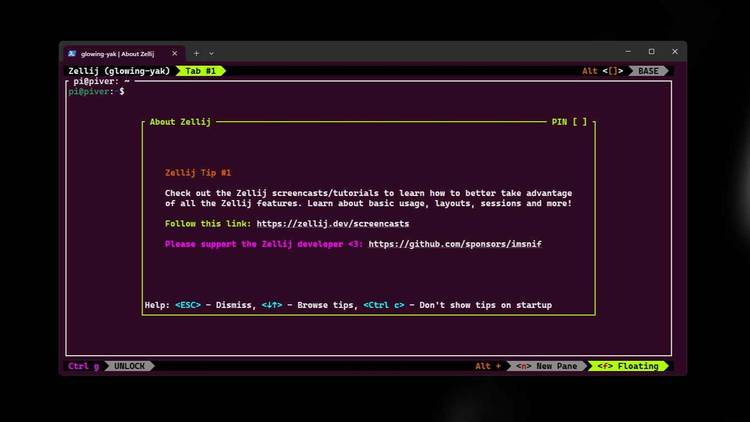 Zellij welcome screen showing a tip about screencasts and tutorials