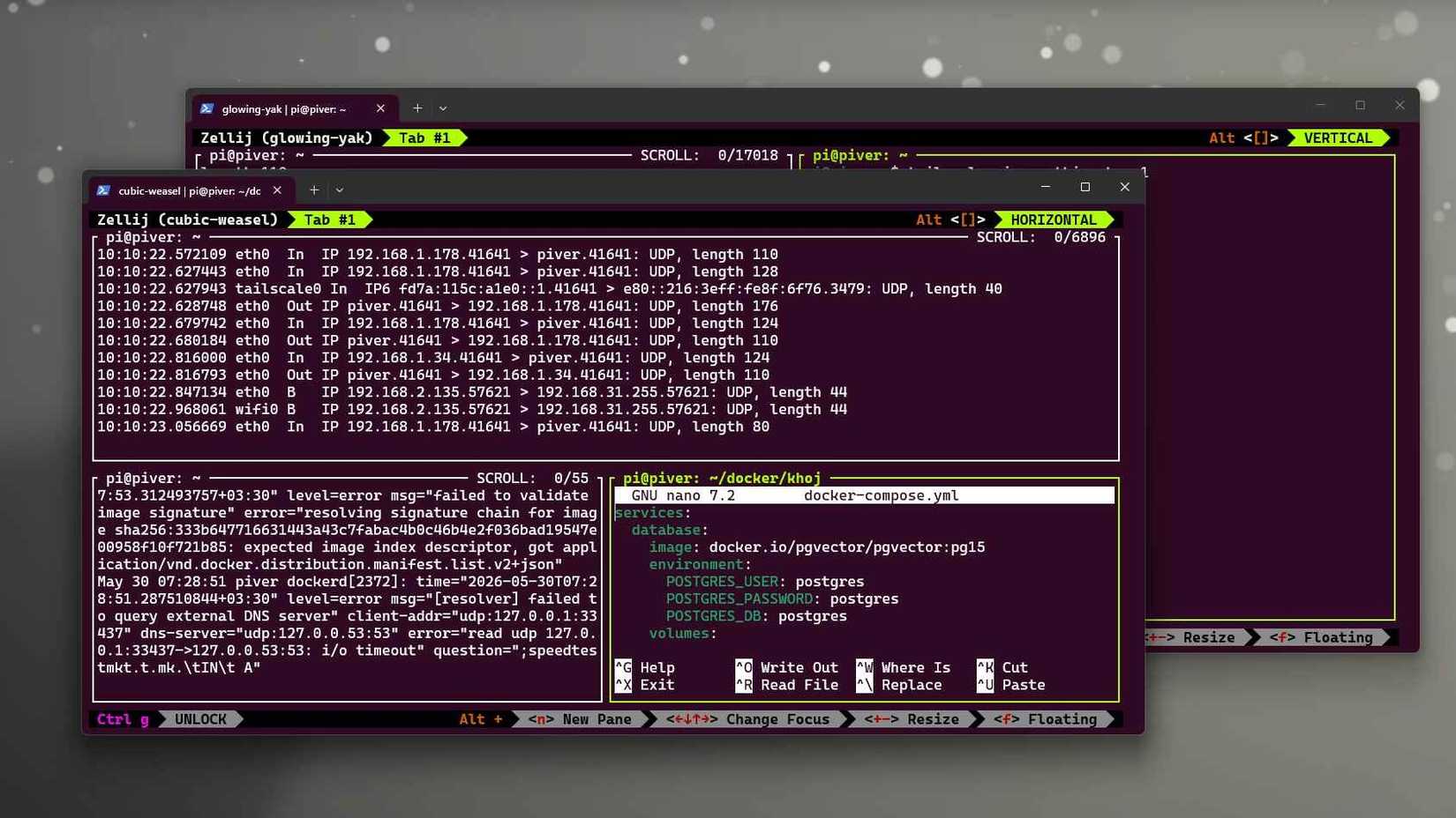 Zellij with multiple panes and tabs including a floating text editor