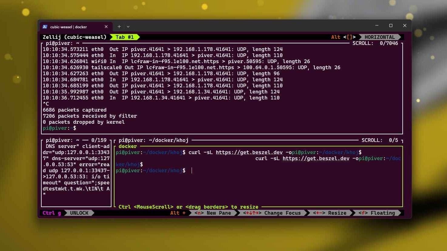 Zellij with multiple tabs running network monitoring and a curl command simultaneously