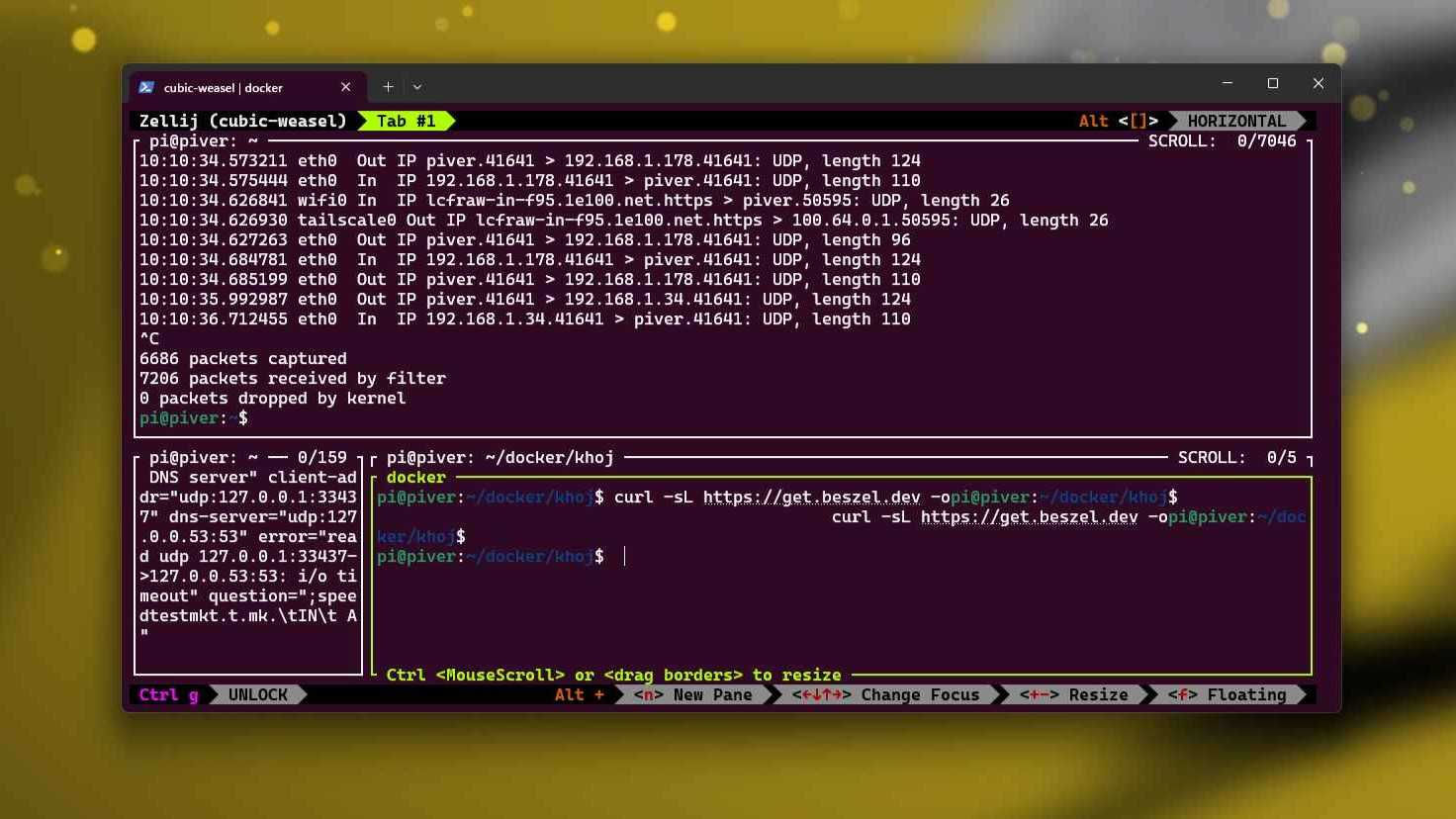 Zellij with multiple tabs running network monitoring and a curl command simultaneously