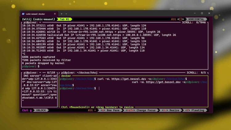 Zellij with multiple tabs running network monitoring and a curl command simultaneously