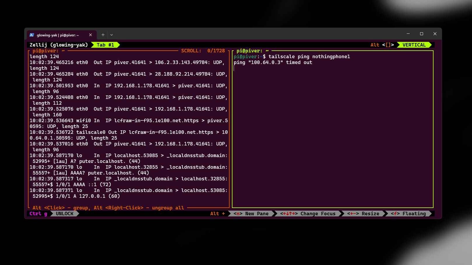 Zellij with two vertical panes showing network traffic and a ping command