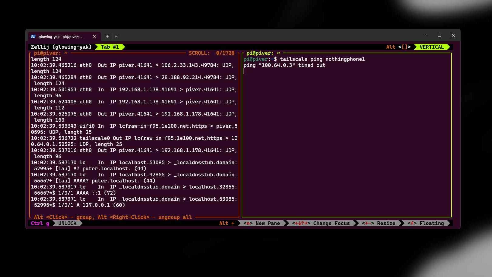 Zellij with two vertical panes showing network traffic and a ping command