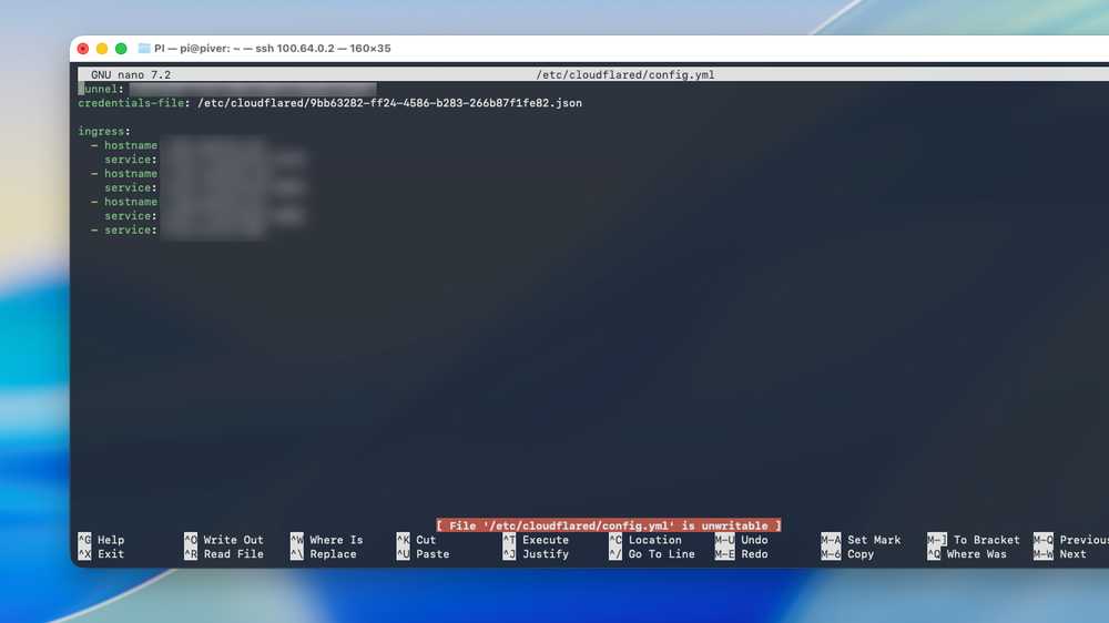 A cloudflared config file mapping local services to subdomains