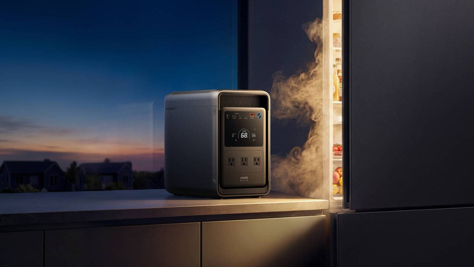 Anker SOLIX S2000 sitting next to an open fridge