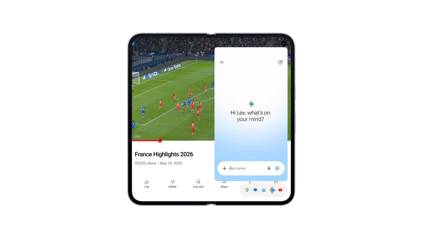 Android 17's new Bubbles Bar running on a Pixel Fold with Gemini pulled up