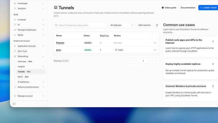 Cloudflare admin panel showing a list of tunnels