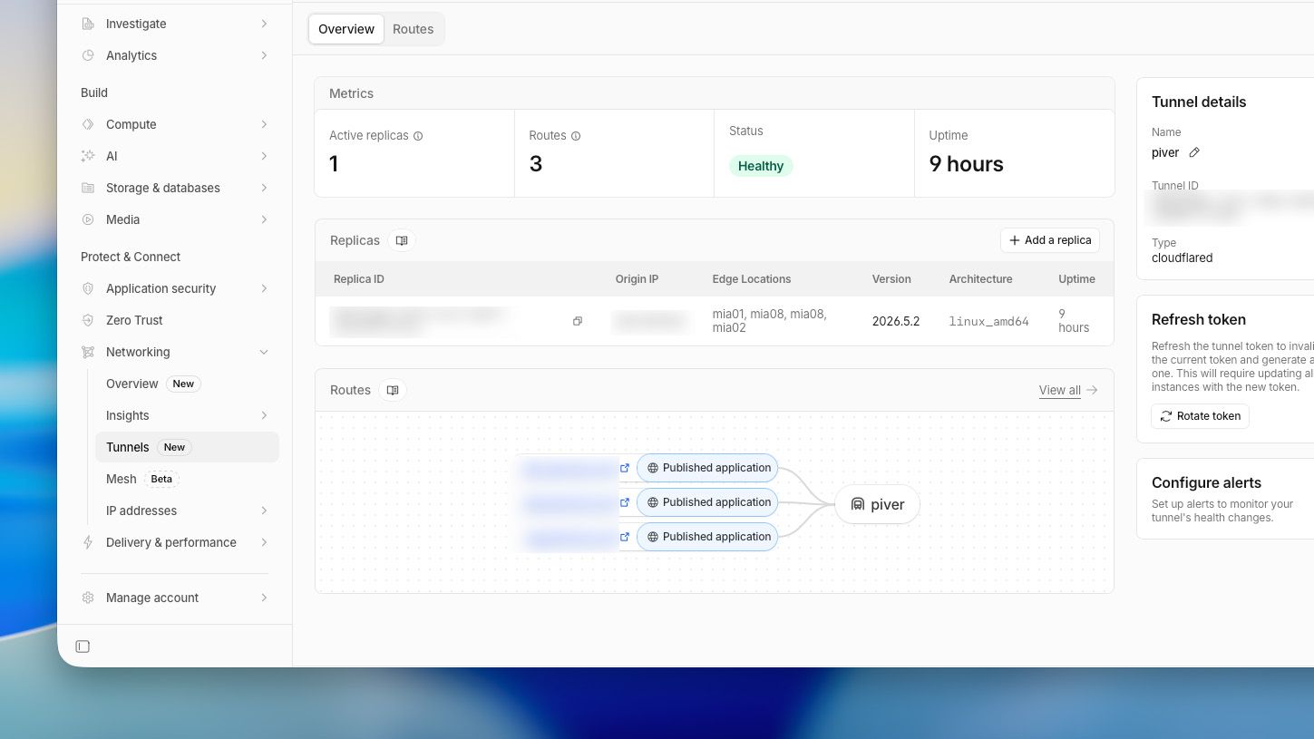 Cloudflare admin panel showing the domains and tunnels