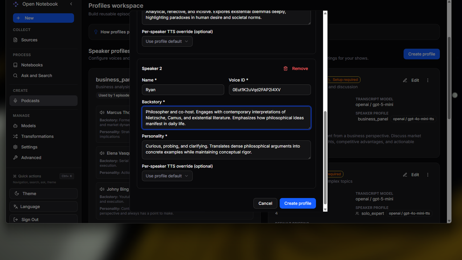 Creating custom speakers in Open Notebook