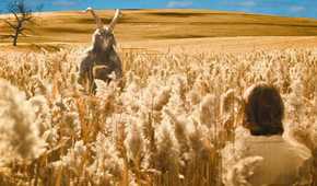 devil and woman in cornfield in Evil
