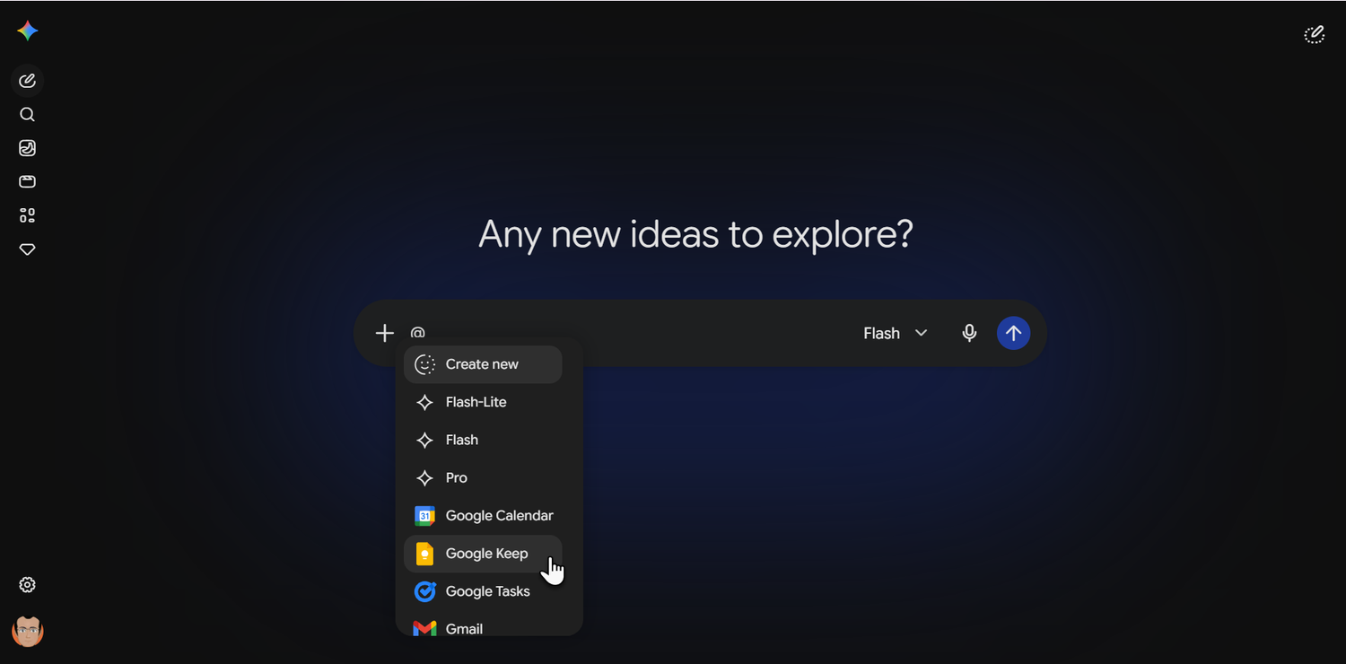 Gemini prompt box showing the @Google Keep connector being typed.