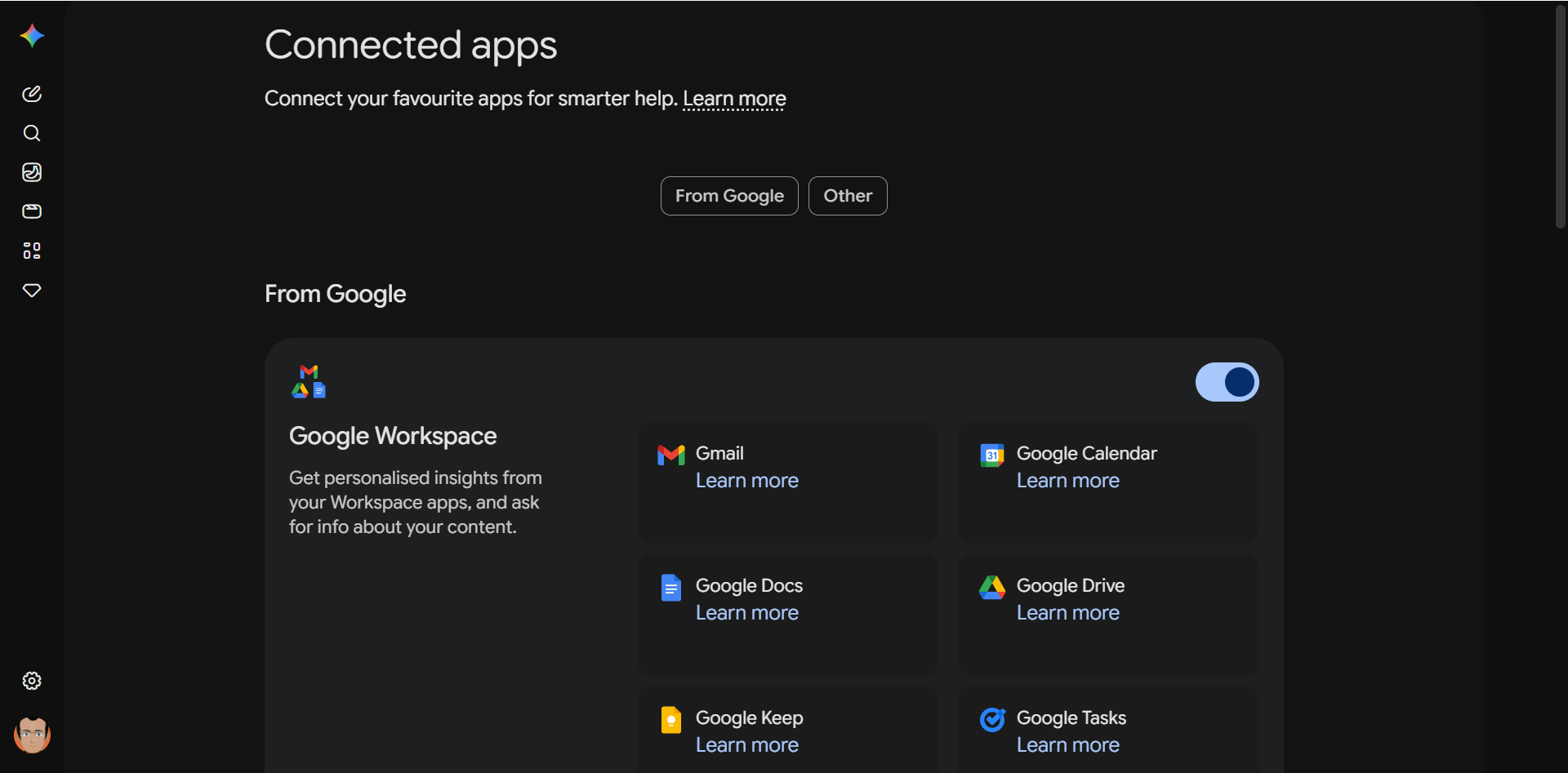Gemini app settings screen showing the Extensions menu option.