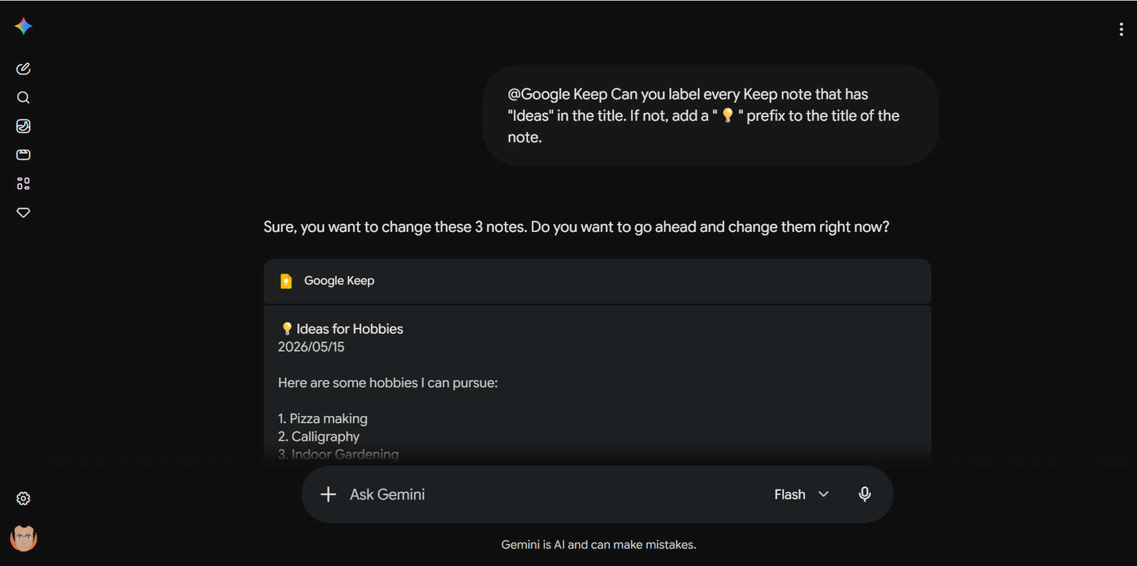 Gemini adding a lightbulb emoji to Google Keep notes that contain the word "idea""