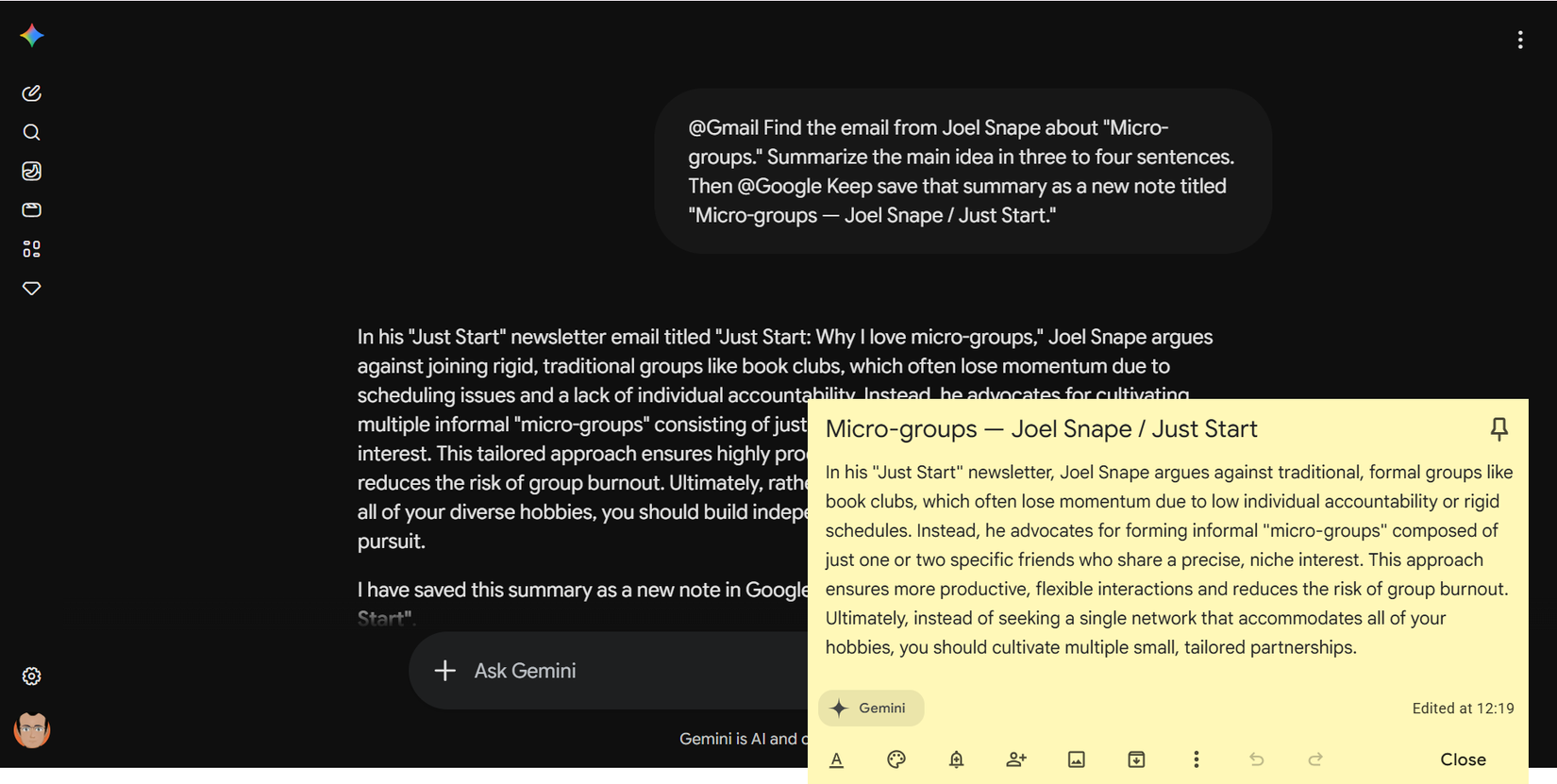 Gemini prompt combining a Google Keep note reference with a Gmail search in a single query.